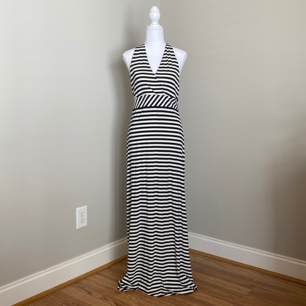 Black & White Striped Maxi Dress with V-Neck Faux Wrap Front & Banded Waistline